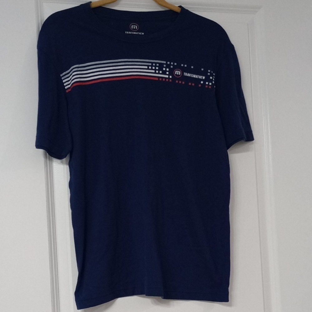 Travis Mathew Men's Navy and Red Striped Tee Size M